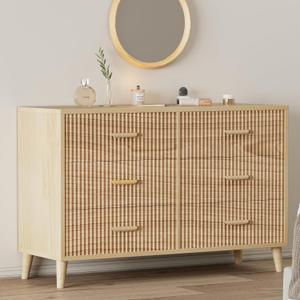 Wooden Fluted Dresser for Bedroom,Modern Wide Chest of 6 Drawers Dressers for Bedroom Furniture,Fabric Drawer Dresser with Storage, Easy to Assemble Dressers for Living Room,Hallway-A4-M