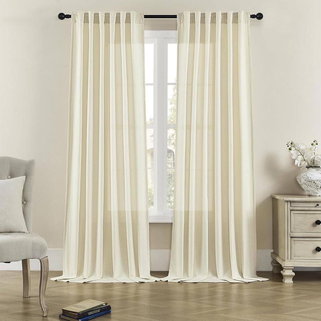DONREN Cream Linen Curtains 63 Inch Length for Bedroom 2 Panels Back Tab Pocket Semi Privacy Drapes Natural Linen Textured Light Filtering Sheer Curtains for Living Room Vintage Farmhouse 50x63