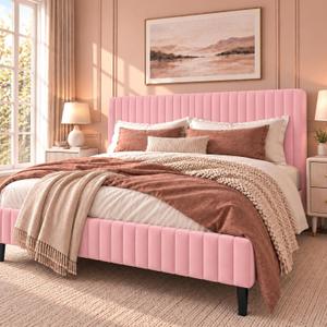 King Upholstered Bed Frame, Adjustable Headboard, Pink
Velvet & metal frame, easy assembly, no box spring needed, vertical channel tufted pink design, and modern bedroom style.