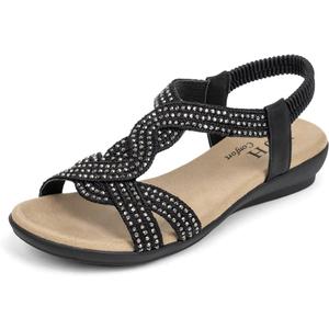 VJH confort Women's Flat Sandals Rhinestone Stretchy Strap Low Wedge Comfy Dressy Walking Sandals, 12