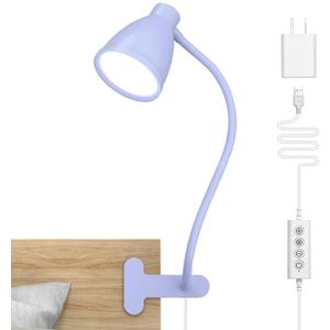 BOHON Desk Lamp with Clamp, 10W 38 LED Clip on Light, 5 Color 10 Brightness Auto Off Timer, Flexible Gooseneck Clip Lamp, Desk Lights for Office Home Bed Bedside Reading, Lilac Purple