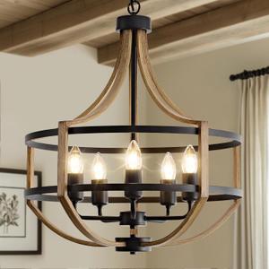 20" Farmhouse Chandelier for Dining Room, 5-Light Rustic Brown Faux Wood Pendant Light Fixtures, Black Frame Foyer Chandelier for Entryway Kitchen Island Bedroom Living Room