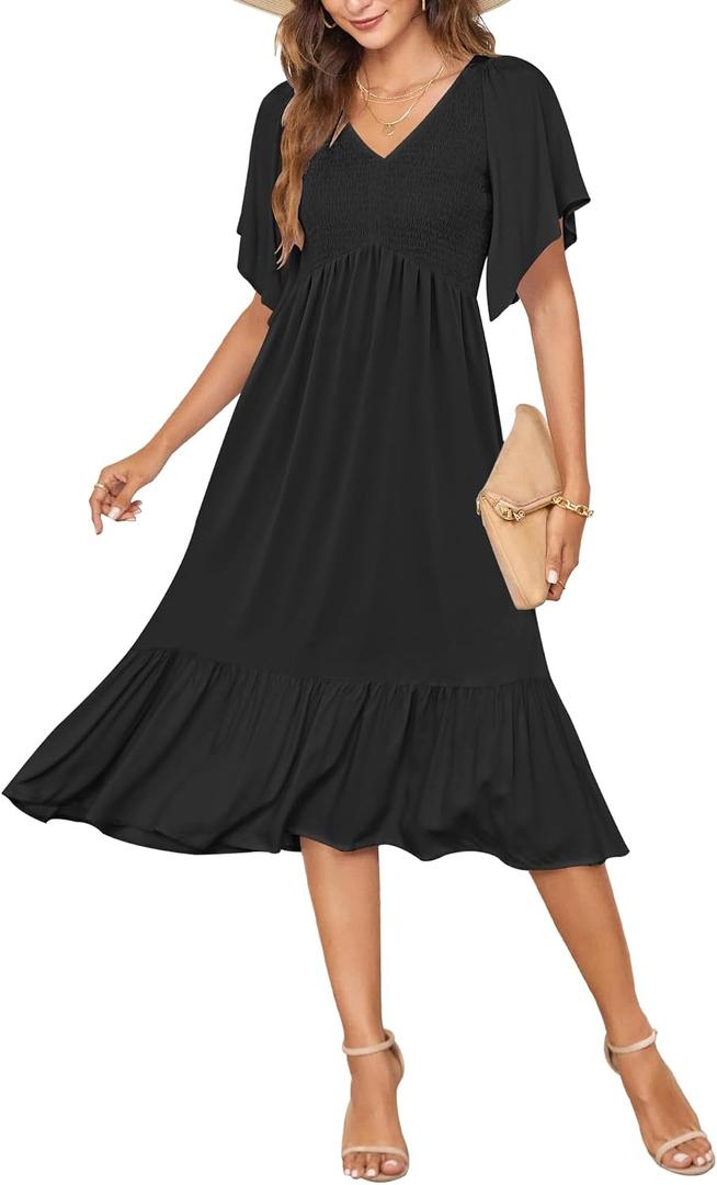 AUSELILY Women's Summer Empire Waist Dress Smocked Flutter Short Sleeve V Neck Midi Dresses 2026 New (Black, S)
