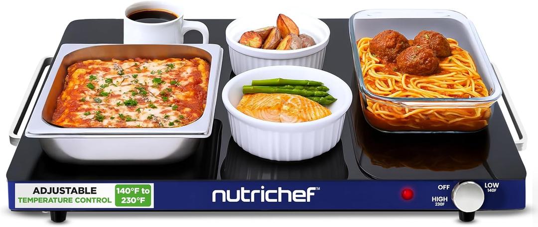 NutriChef Electric Warming Tray | Glass Surface Hot Serving Tray | Adjustable Temperature 140F to 230F | Energy Efficient & Space Saving | Perfect for Buffets,Parties & More | 21.2 x 16.5 IN | Blue