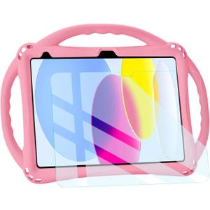 TopEsct Kids Case for iPad (A16) 11th Gen 11" 2025, iPad 10th Gen 10.9" 2022 with Tempered Glass Screen Protector, Silicone Shockproof Case Comes with Strap (Pink)