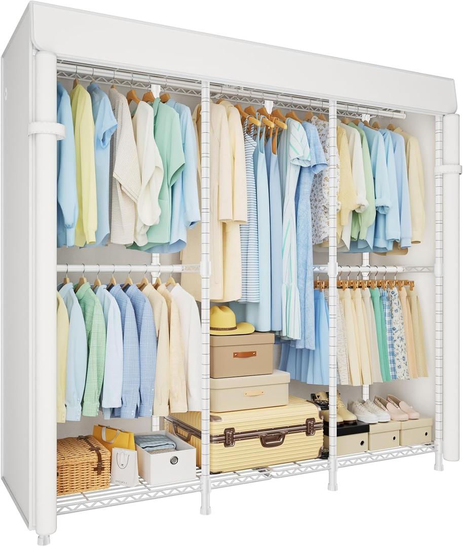 ULIFHOME E14C Heavy Duty Closet Organizer SystemFreestanding Clothing Racks for Hanging ClothesAdjustable Garment Rack 58" W 16" D 77" H Hold 860 lbsWhite Rack with White Cover