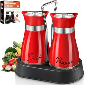 Salt and Pepper Shakers, Farmhouse Salt and Pepper Shakers Set with Holder, electroplated Handle, 4 oz Stainless Steel Glass Bottle Dispenser, for Table, RV, Camp, BBQ (Red)