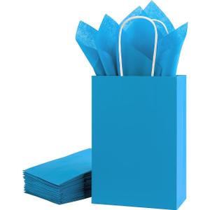 SUNCOLOR Blue Gift Bags with Tissue Paper, 24 Pack Small Kraft Paper Party Favor Bags, 7.9 x 5.12 x 3.15 Inches, Reinforced Handles for Baby Showers, Birthdays, Celebrations