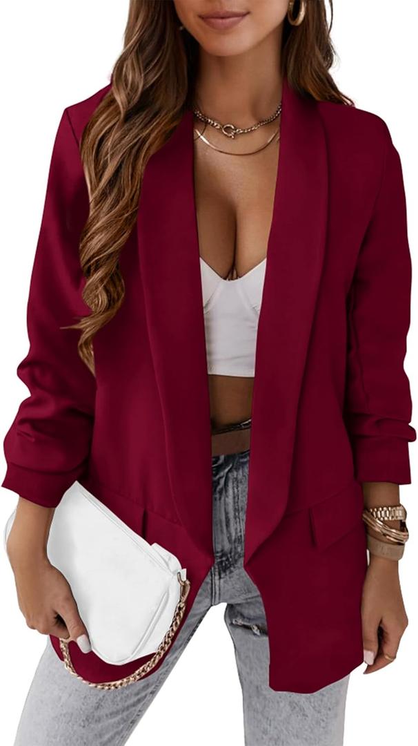 KIRUNDO Blazers for Women Oversized Business Casual 2026 Spring Fall Fashion Long Sleeve Open Front Work Office Suit Jackets (Large, Wine Red)