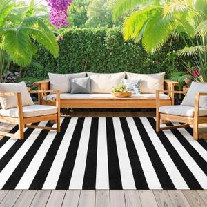 Black and White Striped Rug 5' 7" x 7' 7" Washable Large Patio Rug Cotton Hand Woven Indoor Outdoor Rug Farmhouse Casual Flatweave Rug Floor Carpet for Porch Decor Backyard Dining Room Entryway