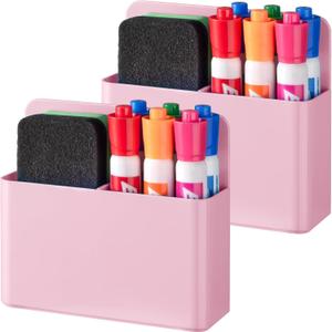 BEYGORM 2 Pack Plastic Magnetic Pen Holder for Refrigerator, Dry Erase Marker Holder for WhiteboardMagnet School Locker Organizer Accessories, Pencil Cup, Pen Caddy, Classroom Organization(Pink)