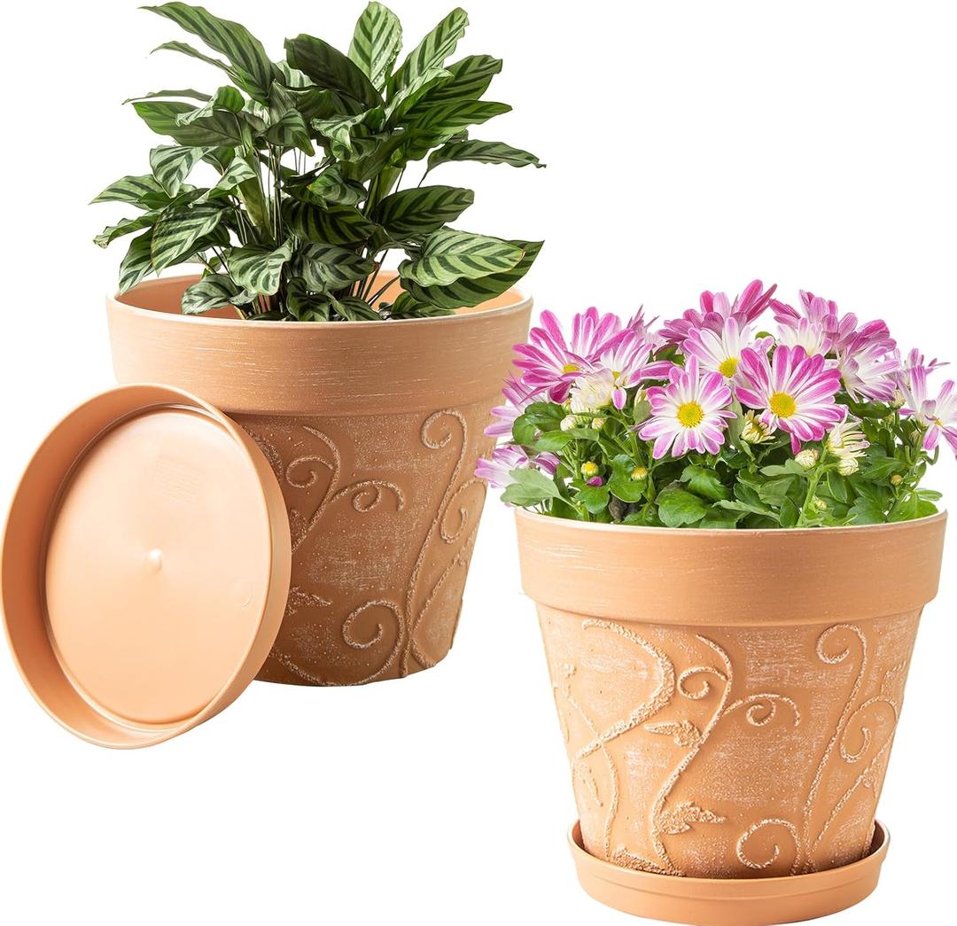 Melphoe Plant Pots Indoor with Drainage & Saucer, 2Pack 10 inch Flower Pots Outdoor Planters for Indoor Plants Garden Home Decor Cactus Succulent, Rigid Plastic (Imitation-Terracotta) Vine-Embossed