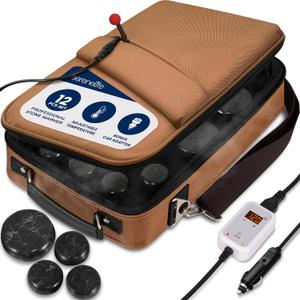 SereneLife Portable Massage Stone Warmer Set - Electric Spa Hot Stones Massager and Heater Kit with 6 Large and 6 Small Round Shaped Basalt Massaging Rocks, Digital Controller Heating Bag (Brown)