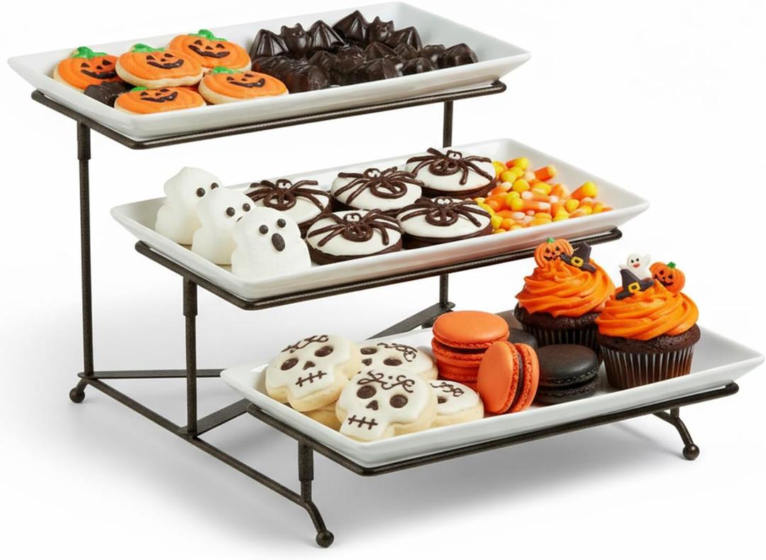 LAUCHUH 3 Tier Serving Tray Porcelain Tiered Serving Stand Collapsible Sturdier Rack with 3 Serving Platters & 2 Cross Bars for Halloween, Fruit Dessert Party Display Set, 12 Inch, Bronze LAUCHUH 3 Tier Serving Tray Porcelain Tiered Serving Stand Collapsible Sturdier Rack with 3 Serving Platters & 2 Cross Bars for Halloween, Fruit Dessert Party Display Set, 12 Inch, Bronze