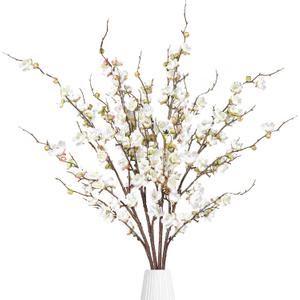 Sggvecsy Artificial Plum Blossom Flowers 4 Pcs Faux Cherry Blossom Stems Faux Silk Plum Blossom Branches 36.2" Fake Flowers Long Stems for Vase Arrangements Home Wedding Table Decor (White)