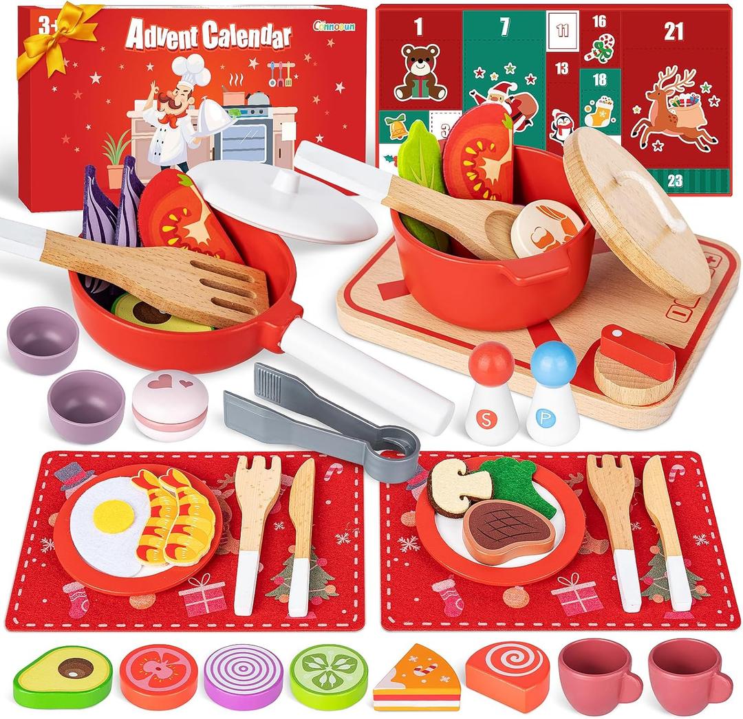 Christmas Advent Calendar Gifts for Kids, Commodum Kids Wooden Play Cooking Set, Pretend Play Kitchen Accessories Toys, 24 Days Countdown Xmas Surprise Holiday Toddlers Girls Gifts Ages 3+