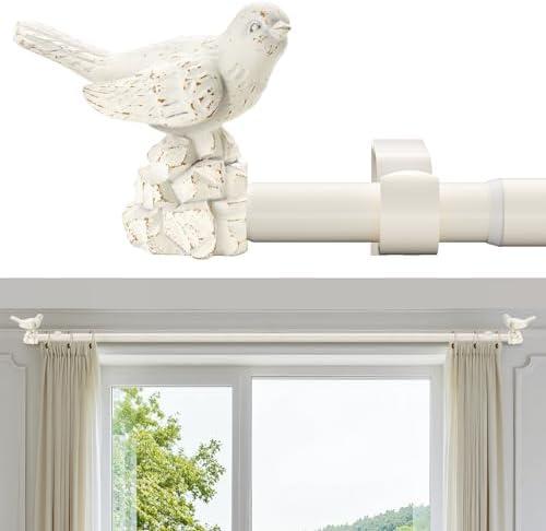 KVEEO White Curtain Rod 36-72 Inches Curtain Rods for Windows Adjustable Heavy Duty Drapery Rod with Bird Finials for Kitchen Window Living Room