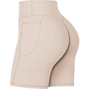 Sunzel No Front Seam Biker Shorts for Women with Pockets, Yoga Workout Gym Bike Shorts with Tummy Control (X-Large, Beige)