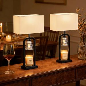 PoKat Bedside Table Lamps with Candle Warmer & Timer for Bedroom, Farmhouse Lamps Set of 2 for Night Stands, 21.5'' Bedroom Lamps Decor for Living Room, Side Table, Hallway, Bulbs Included, Black