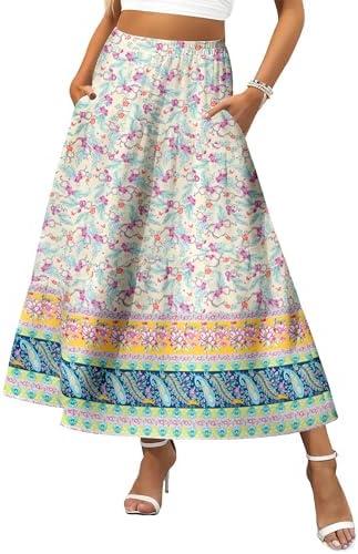 Zeagoo Women's Midi Summer 2025 Boho Elastic High Waist A-Line Flowy Swing Asymmetric Tiered Skirt Dress with Pockets, Large