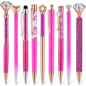 Janmini 9 Pcs Ballpoint Pens Set Metal Crystal Diamond Glitter Pens for Journaling Black Ink Pretty Cute Things Fancy Stationery Gifts for Women Girls Birthday Home Office Desk(Fluorescent Pink)
