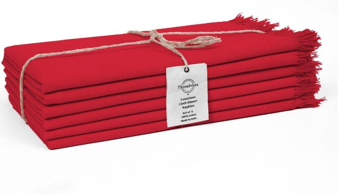 100% Cotton Cloth Dinner Napkins Fringes Set of 6 - Perfect for Dining Special Occasions Wedding Holidays Easter Christmas - Soft Durable Washable - Elegant Napkins Large 20x20 Red