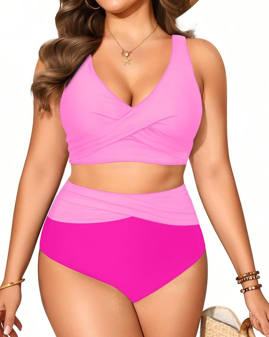 Tempt Me Plus Size Two Piece Bikini - Women High Waisted Swimsuits Bathing Suit Swimwear (Pink), Size 12 Plus