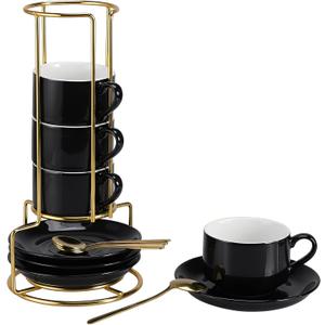 3 Ounce Espresso Cups Set of 4, Stackable Demitasse Mugs, Includes Display Stand, Cups Saucers, and Spoons, for Machines & Home Use, Black, Gold Tone