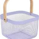 AJIODA Metal Mesh Steel Basket, Storage Organizer Basket Multi-functional Hanging Kitchen Baskets Fruit Basket Bin with Bamboo Handle for Kitchen Bathroom Picnic Shopping Decor Cabinet Home, Purple