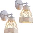 Dijiahua White Wall Sconces Set of 2, Bohemian Modern Light Fixtures with Metal Shade, Farmhouse Handmade Hemp Rope Woven Rattan Craft to Decor Indoor Bedroom, Living Room, Hallway, Kitchen