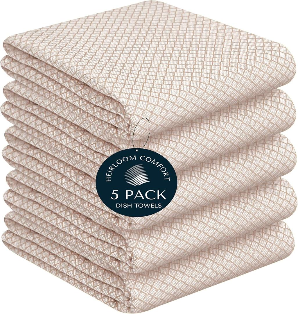 Beige Honeycomb Kitchen Towels 5 Pack, 16x26 Inch, 100% Cotton, Quick Drying, Soft, Super Absorbent, Reusable & Washable Dish Towels for Home & Kitchen Chores, Everyday Use