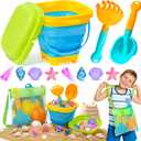 DUDUCOFU Collapsible Beach Sand Toys for Kids Toddlers, Collapsible Sand Buckets Sifter and Shovels Rake Diving Gem Pool Toy Set with Mesh Bag, Travel Beach Vacation Essentials Toys for Boys Girls