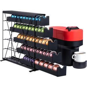 ZCDCP Black Metal 5 Tier Coffee Pod Holder, Nespresso Coffee Pod Holder Coffee Pod Wall Mountable Storage Drawer, for Vtline Capsule Coffee Machine (50 Pods Capacity)