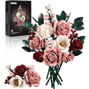 iATOM Pink Roses Flower Bouquet Building Set, Artificial Flowers Botanical Collection Kit for Adults Women & Men - Gift for Valentines Day, Home Room Office Shelf Centerpieces Decor - IA11022