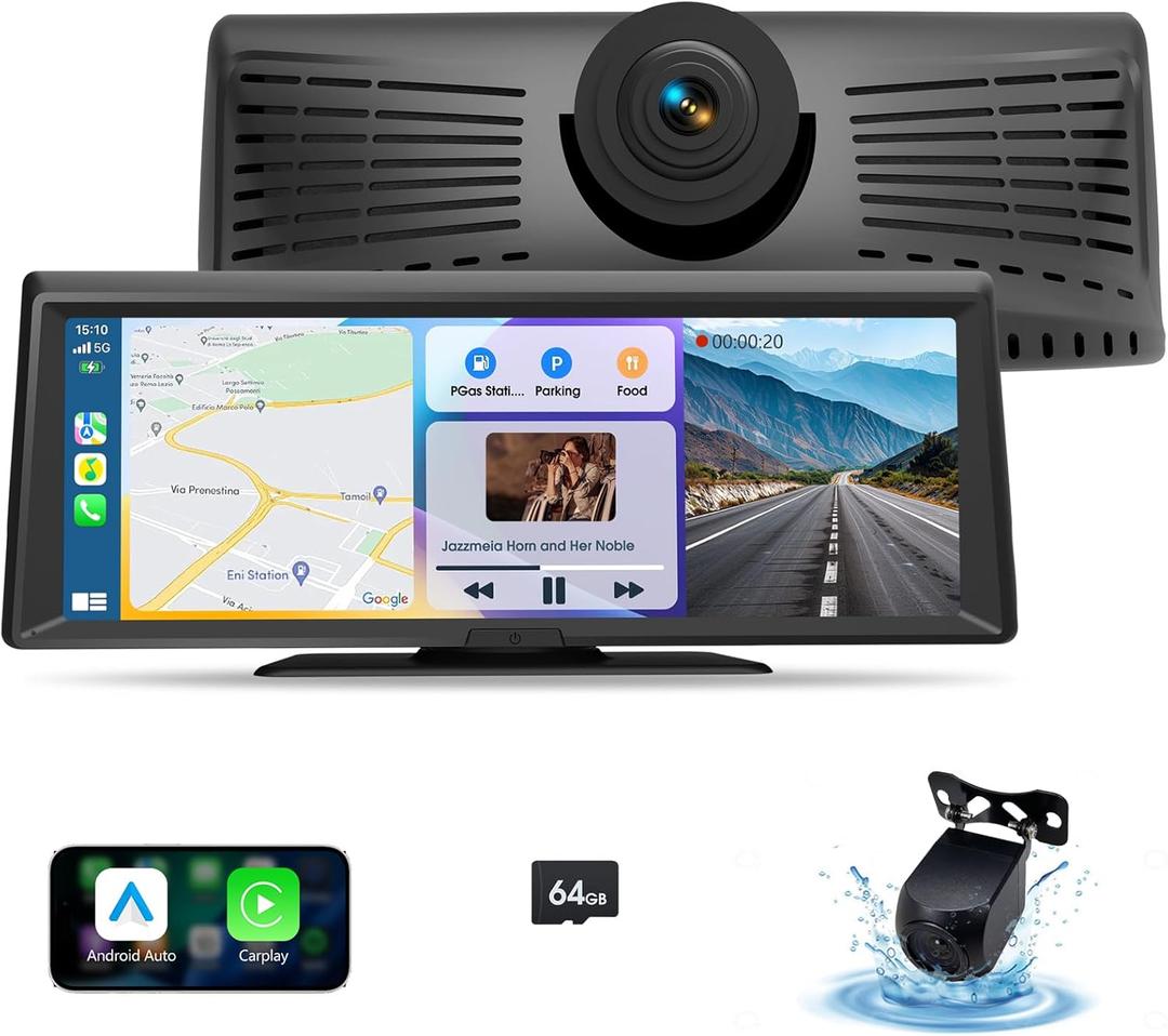 Wireless Portable CarPlay Screen8.1" Portable Touchscreen Car Stereo with 2K Dash Cam/Carplay & Android Auto1080P Backup CameraGPS NavigationVoice ControlLoop RecordingMirror Link