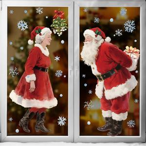 Gueevin 2 Sheets 3.3ft Extra Large Kissing Santa & Mrs. Claus Under The Mistle Window Clings with Snowflakes Watercolor Rustic Xmas Couple Stickers Decals for Home Office Winter Holiday Party Decor