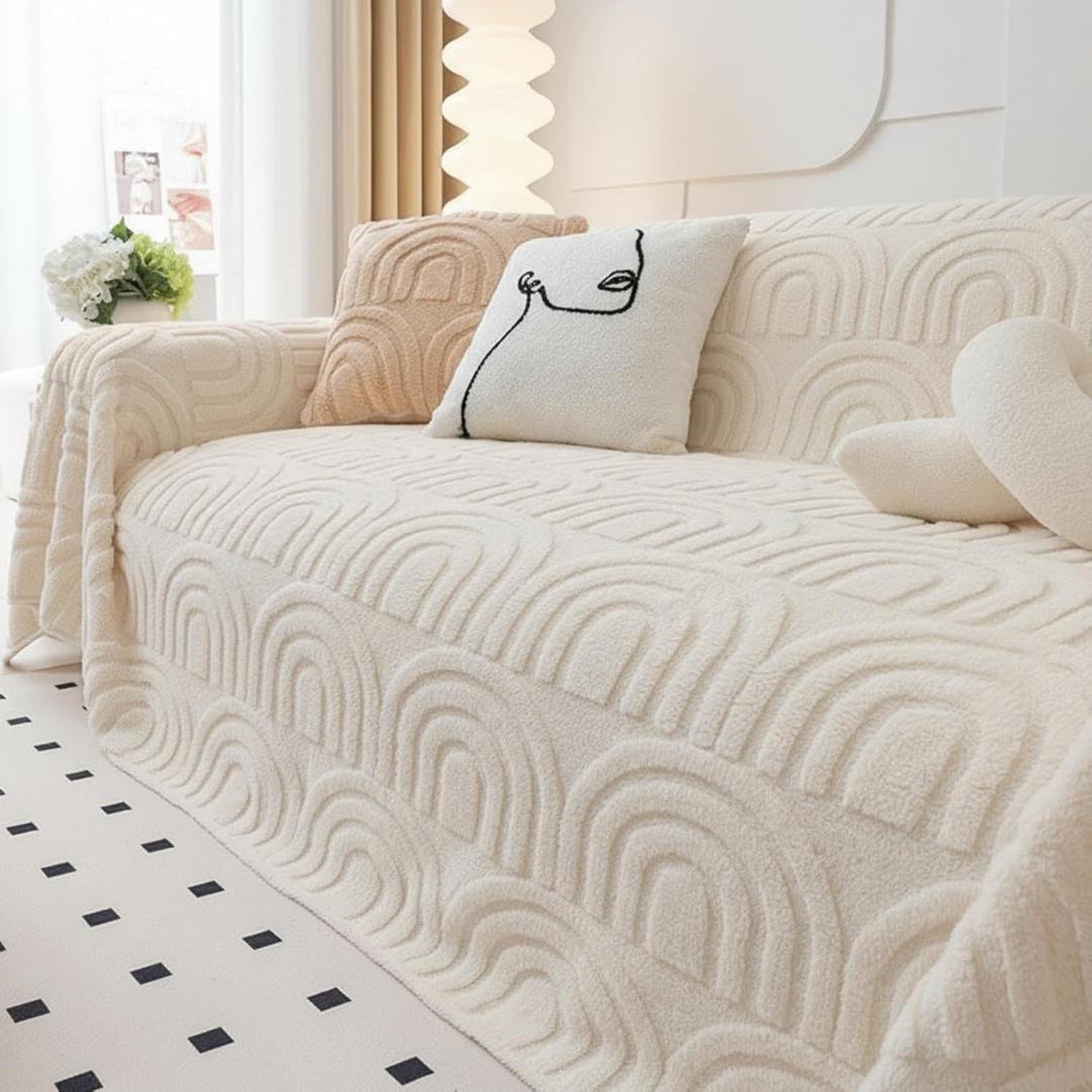 Newwiee 71 x 118 Inch Half Arch Jacquard Plush Warm Couch Cover Cozy, Sofa Covers Fluffy Plush, Sofa Slipcover Furniture Protector, Couch Cozy Washable Furniture Protector for Kids Pets