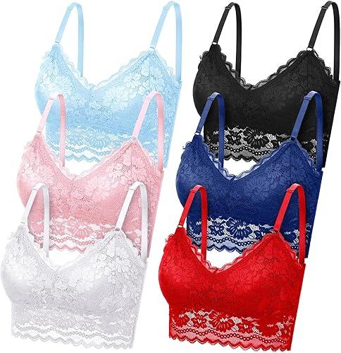 Geyoga 6 Pack Women's Lace Cami Top, Wireless Bralette Floral Non Padded Bandeau Bras with Straps (Large, Black, Navy Blue, Wine Red, Light Blue, Pink, White)