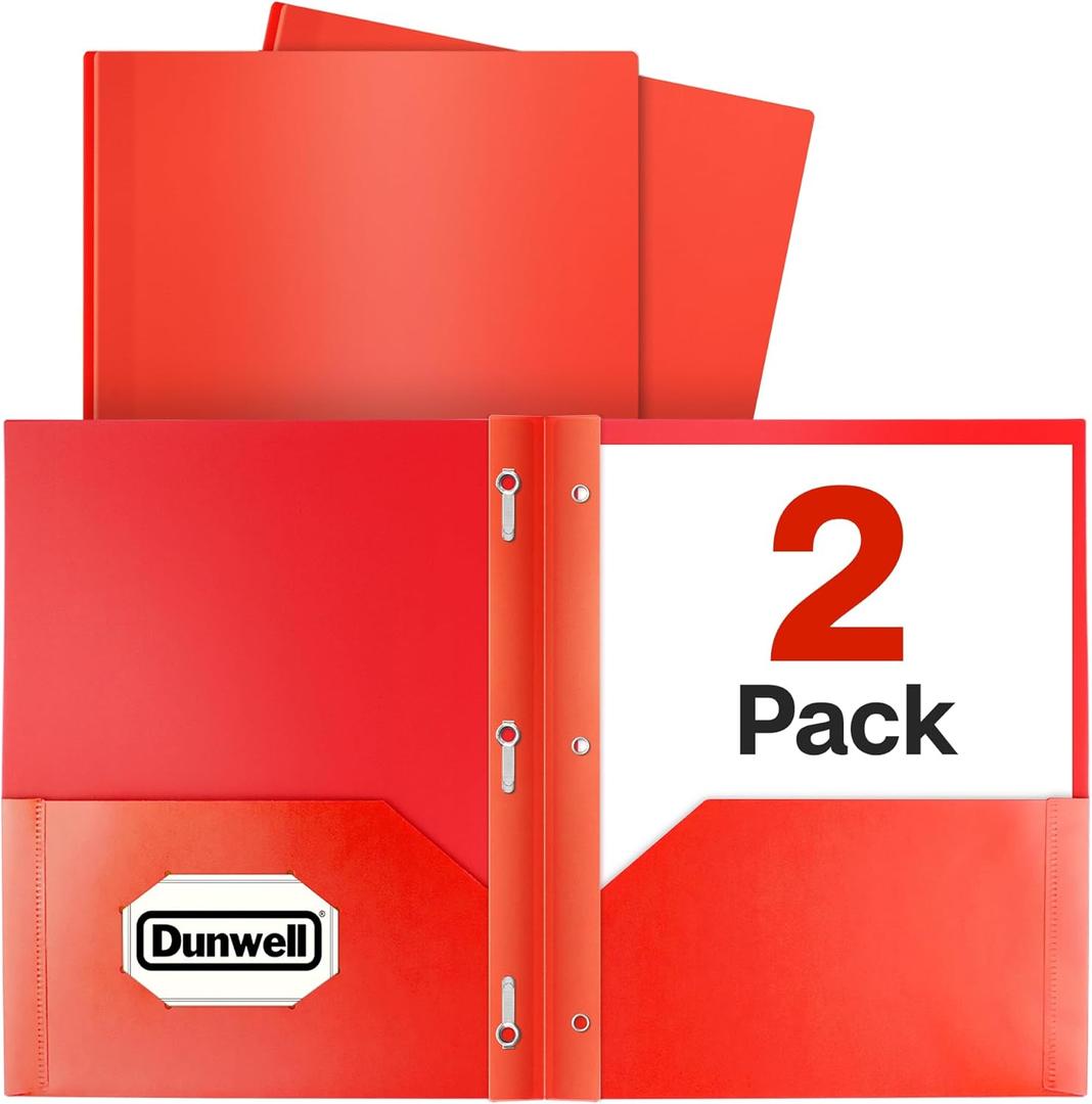 Dunwell Plastic 2-Pocket Folders with 3 Prongs, (2 Pack, Red), Durable Acid-Free Poly is Cleanable, Tear Resistant, 3-Clasp Document Holder, Labels Included