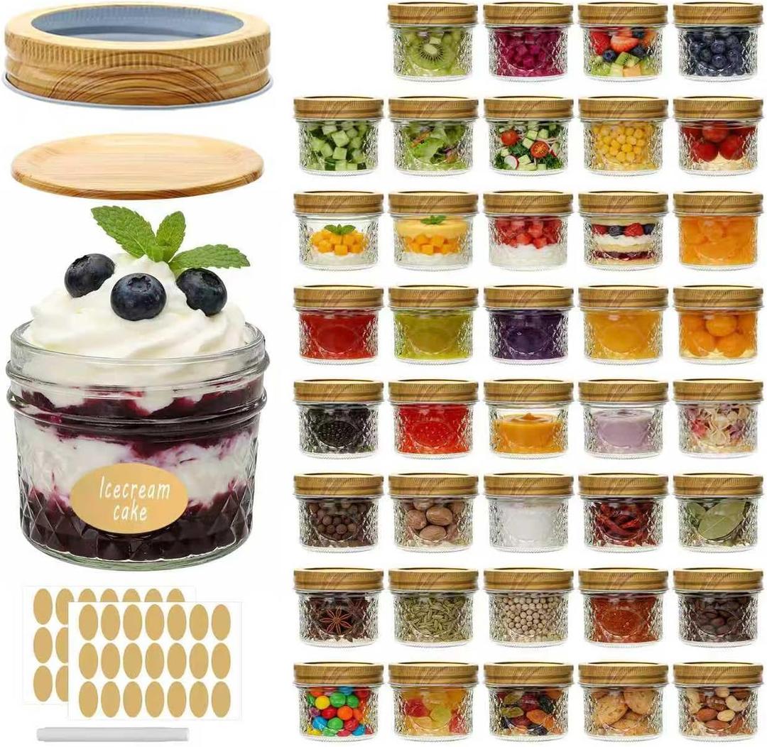 Accguan Mini Mason Glass Canning Jars,4 OZ Jelly Jars With Woodgrain Lids and Bands,Ideal for Honey,Jam,Wedding Favors,Shower Favors,Small Pice Jars 40 PACK