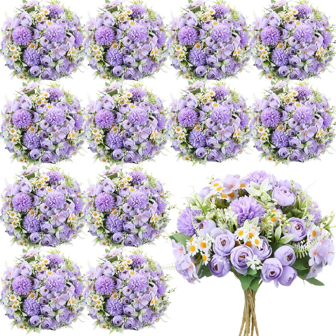 Tigeen 12 Bundles Peonies Artificial Flowers Faux Roses Silk Flowers Hydrangea Artificial Bouquet for Wedding Table Centerpiece Floral Vase Home Office Bridal Decor (Light Purple)