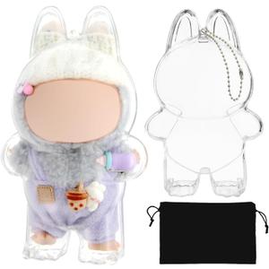 3 x Protective Case for LABUBU, Plastic Clear Display Box with Key Chain for Dolls, Protective Cover for Plush Toy, Transparent PVC Bag for Storage (No Doll, 17cm)