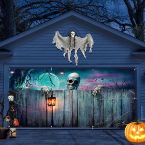 ChloropLastid Halloween Garage Door Banner 7x16ft Large Hanging Backdrop Skeleton Scary Skull Head Horrible Night Door Cover Halloween Party Decoration Garage Wall Outdoor Supplies