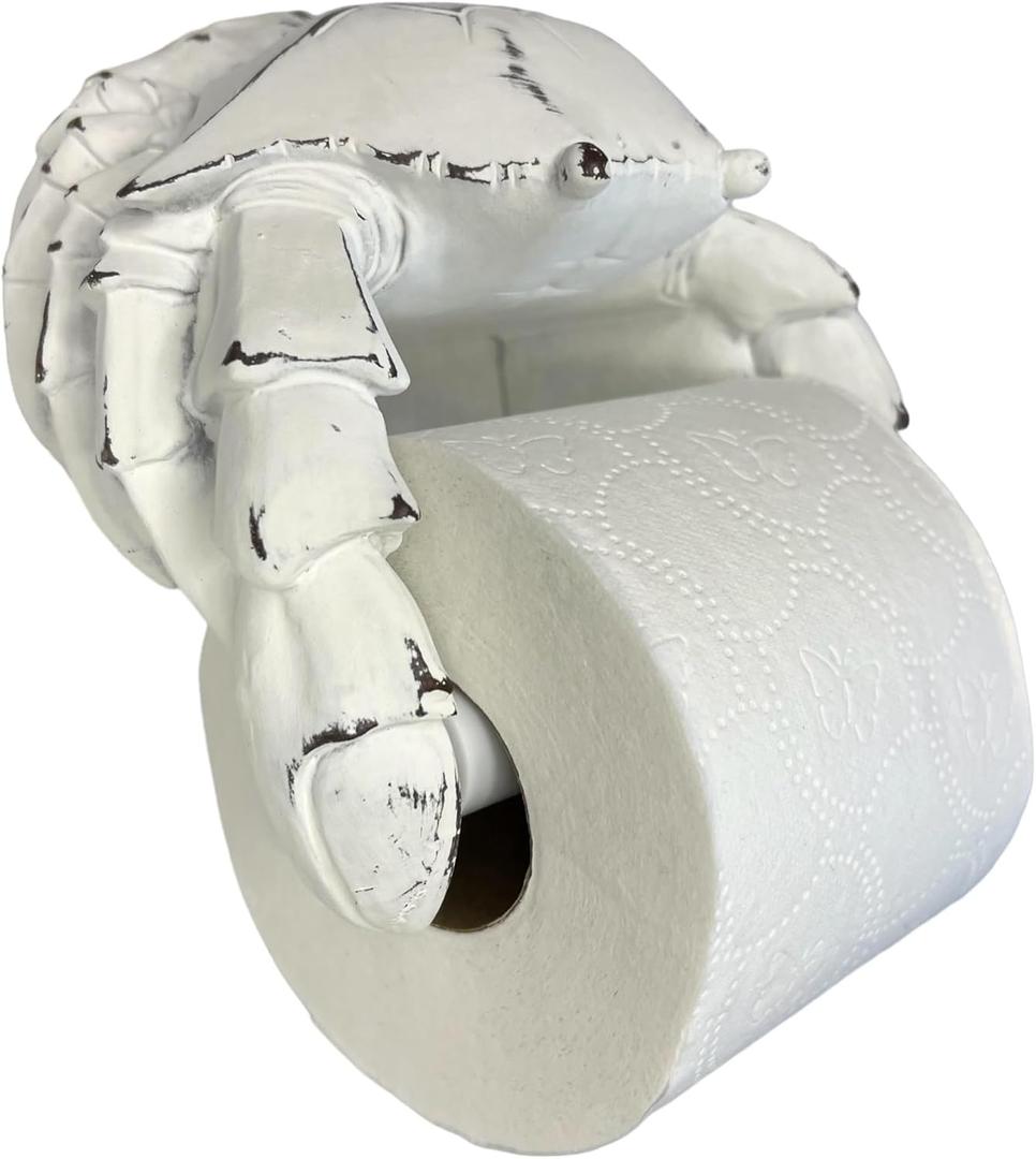 Crab Wall Mount Toilet Paper Roll Holder - Unique Decorative Rustic Nautical Beach Coastal Sea Nautical Decor  Distressed White Finish