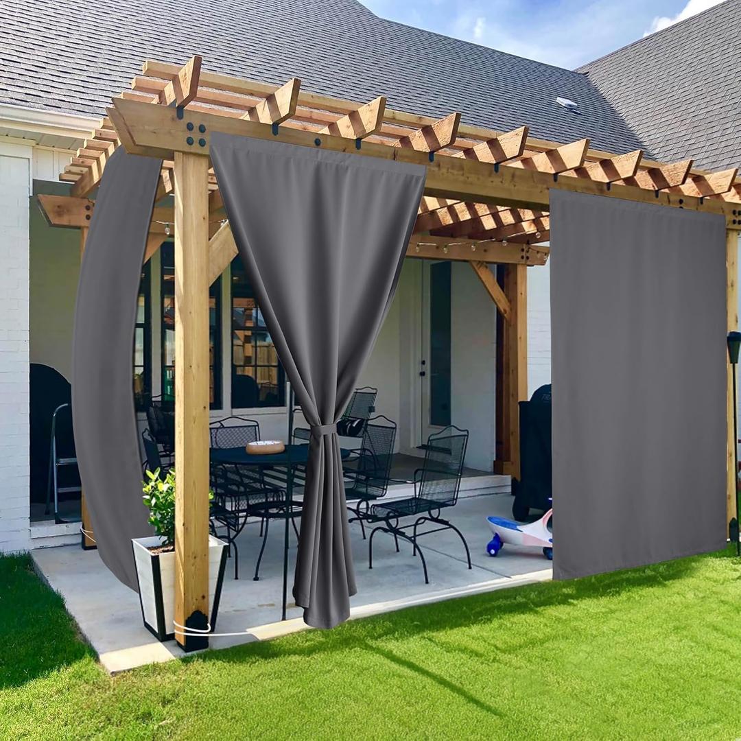 NICETOWN 2 Panels Outdoor Curtains for Patio, Adhesive Strip Top No Rods Needed, Back Tab Bottom with Free Rope for Wind Resistance, Waterproof Durable Drape for Gazebo/Pergola, W52 x L108 in, Grey