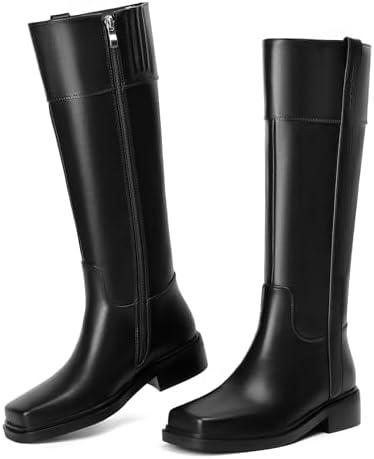 vivianly Women's Knee High Boots Zipper Square Toe Trendy Low Chunky Heels Boots 8