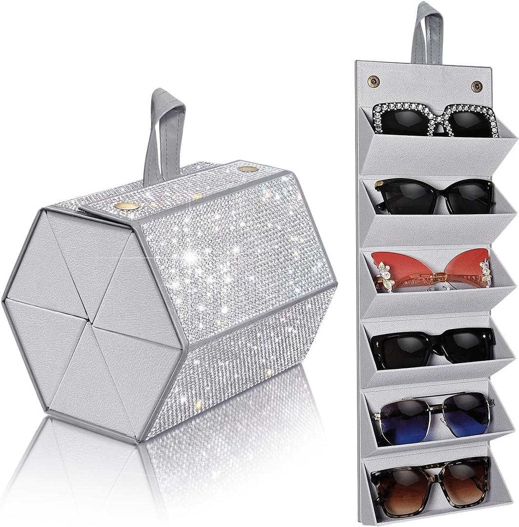 Bling Sunglasses Organizer for Women Crystal Rhinestones Sunglass Holder Wall Suspension 6-Position Eyeglass Case For Multiple Glasses