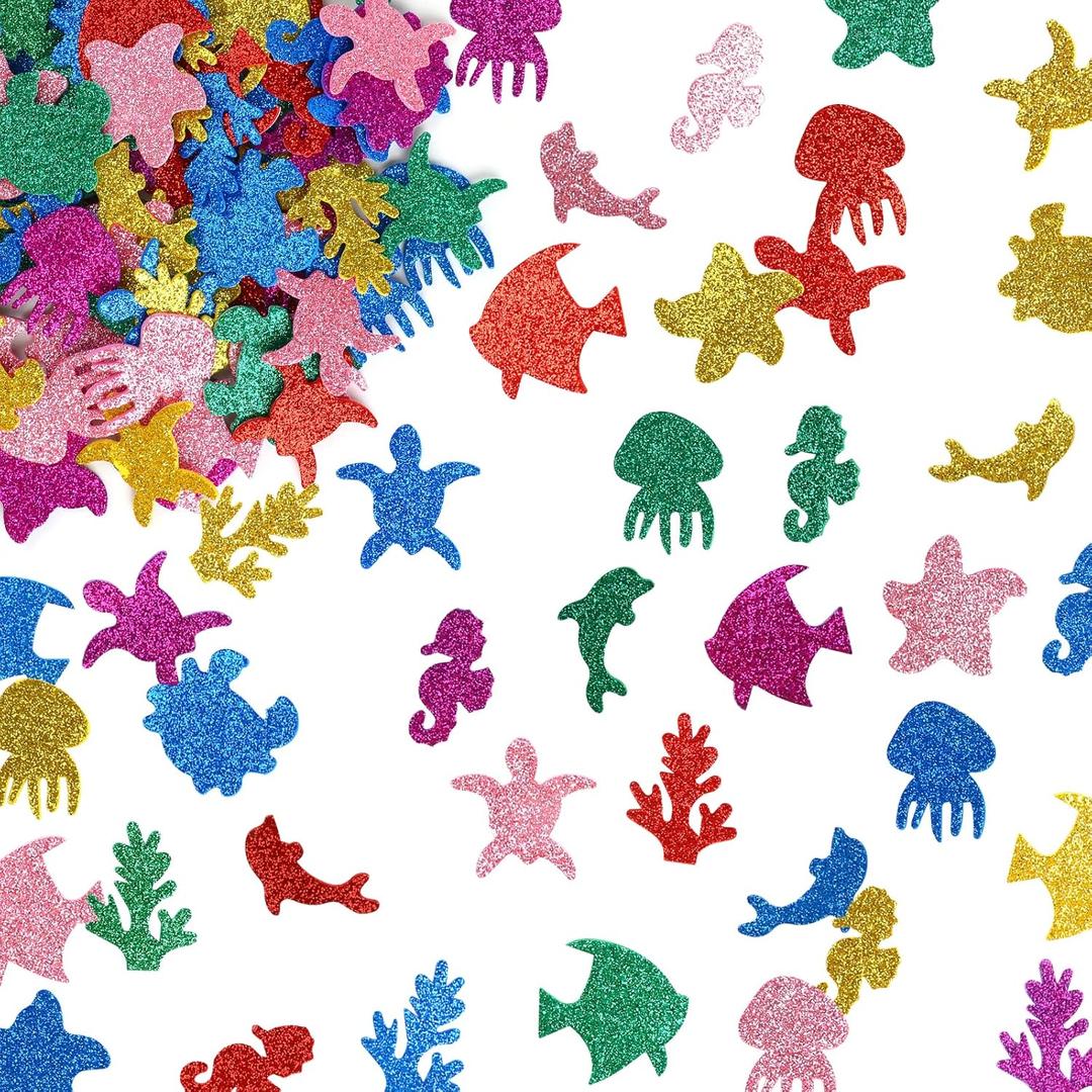 CCINEE 200Pcs Glitter Colorful Sea Animals Shapes Foam Sticker, Self-Adhesive Handmade Arts Craft Supplies for Greeting Cards DIY Scrapbooking Wall Creative Toys Home Decoration (Random Colors)