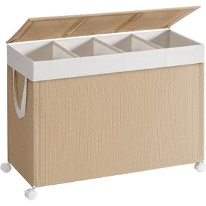 SONGMICS HOME Laundry Hamper with 4 Section, 180 L Large Rolling Laundry Basket with Wheels, Rattan Clothes Basket with Lid, Removable Liner with Handles, Natural Beige and Matte White ULCB603N01