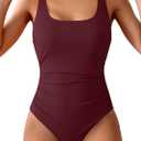 One Piece Swimsuit for Women Ribbed Tummy Control Bathing Suit Ruched Swim Suit Slimming Swimwear (Medium, Wine Red)